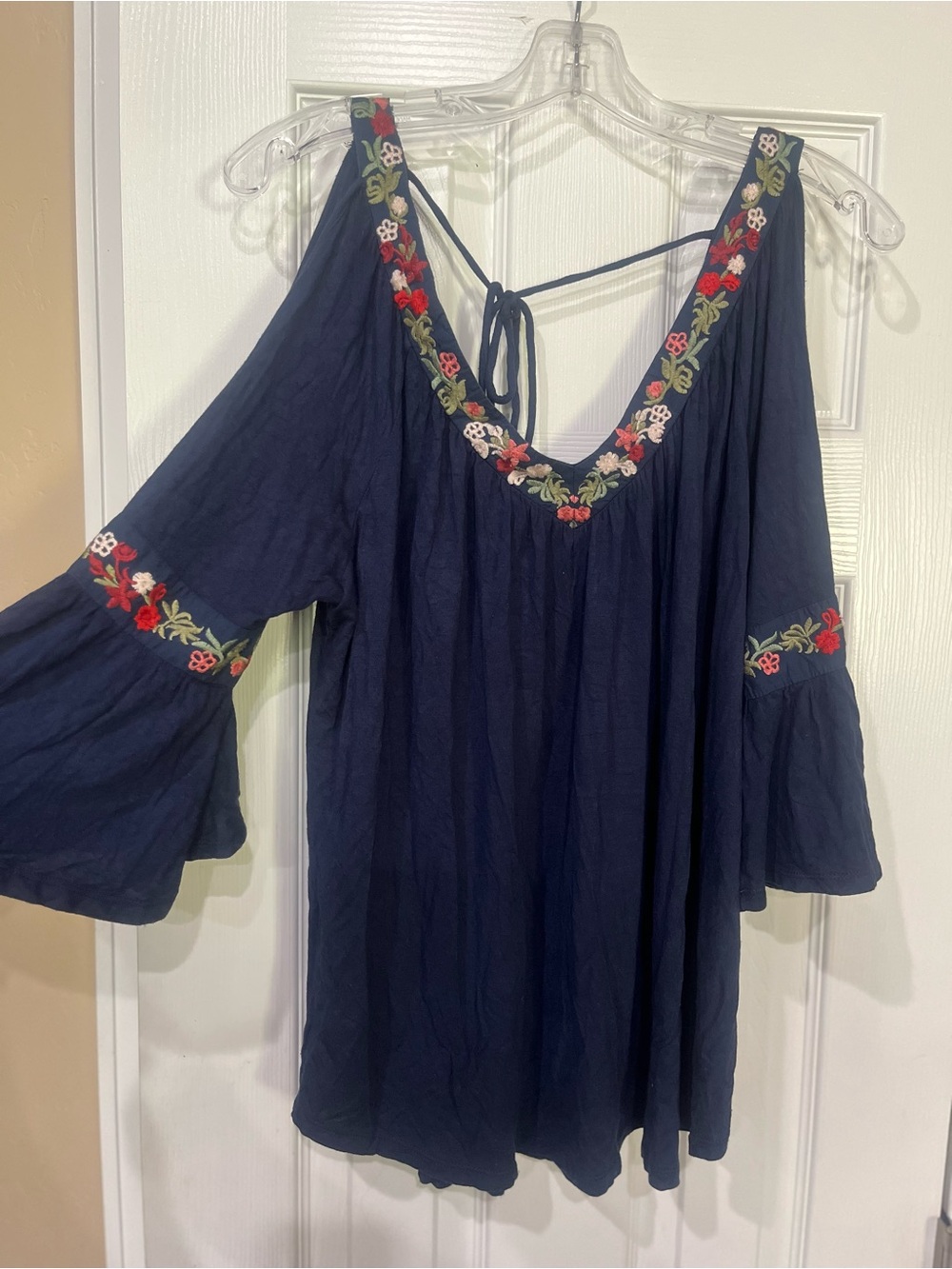Navy Floral Embroidered Cold-Shoulder Top